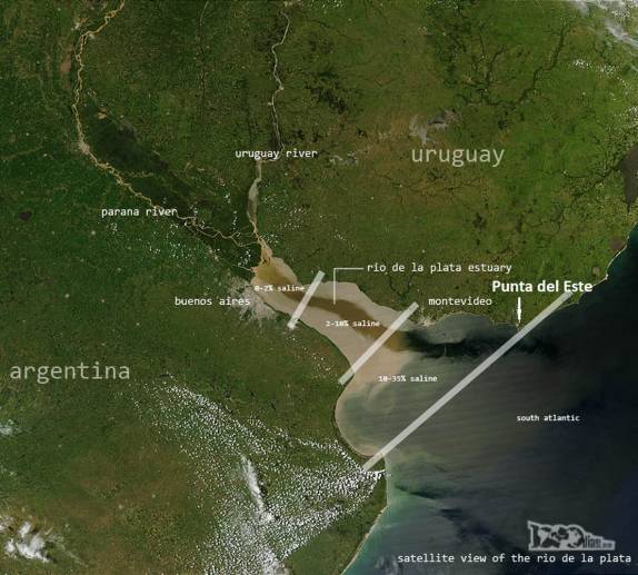 Foto de satélite do estuário do Rio da Prata, desde seu início, no delta do rio Paraná, até sua foz. Para alguns, ele termina na altura de Montevideo. Para outros o final do rio é mais adiante, em Punta del este